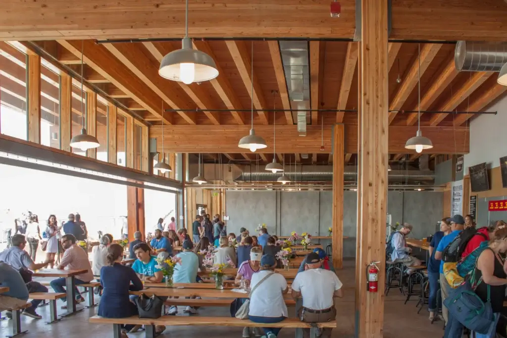 Pike Place Marketfront interior with wood beams and columns