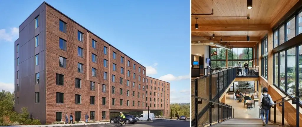 University of Washington Bothell Residential Village split image exterior and interior