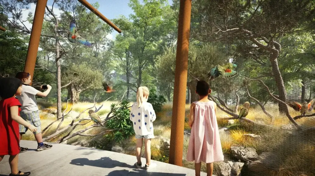 Woodland Park Zoo Forest Trailhead exterior rendering with children and birds