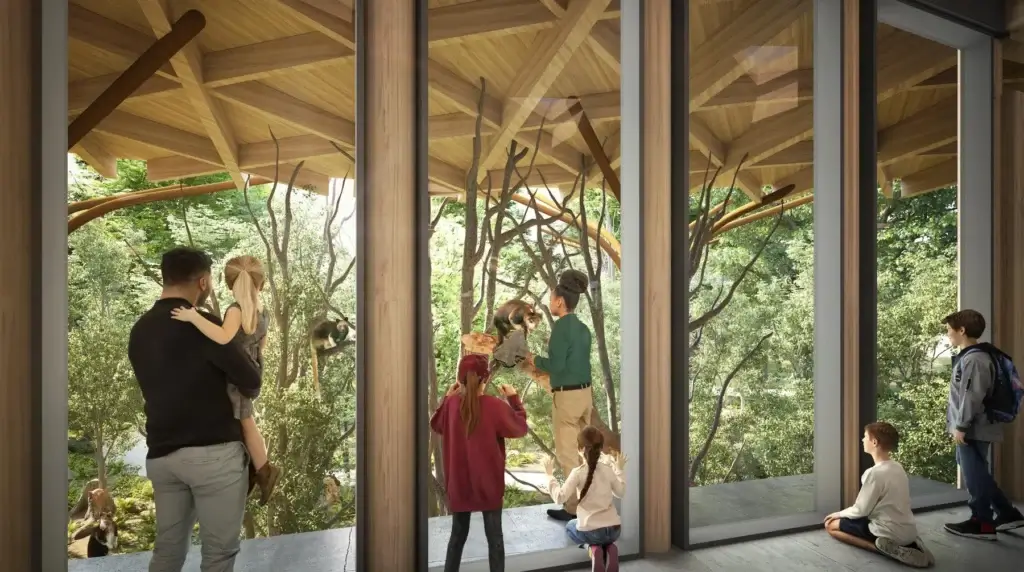 Woodland Park Zoo Forest Trailhead interior rendering with people and animals